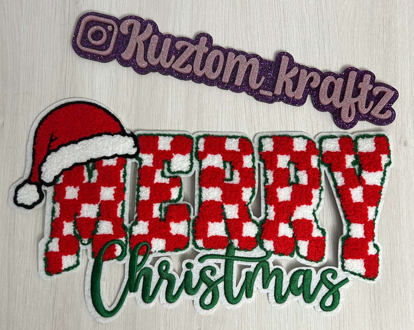 MERRY CHRISTMAS CHECKERED CHENILLE PATCHES