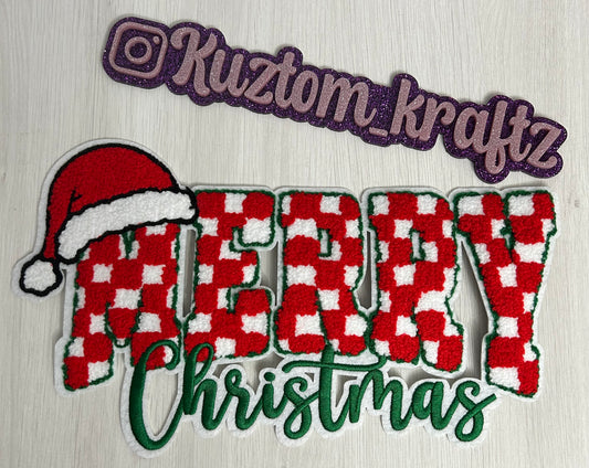 MERRY CHRISTMAS CHECKERED CHENILLE PATCHES